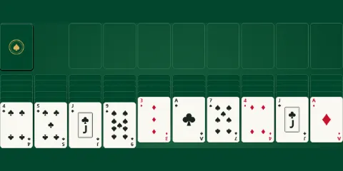 The four-suit Spider Solitaire board: ten columns mixing all four suits.